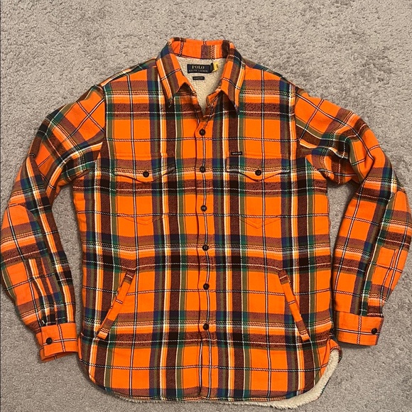 Ralph Lauren Polo Sherpa Lined Orange Plaid Flannel Work Shirt Jacket - Size M - Picture 1 of 7